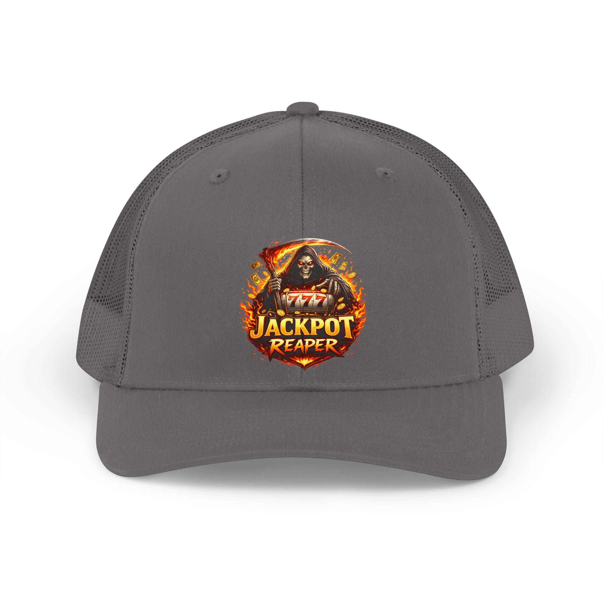 Jackpot Reaper Trucker Hat — Retro Casino Skull Mesh Cap