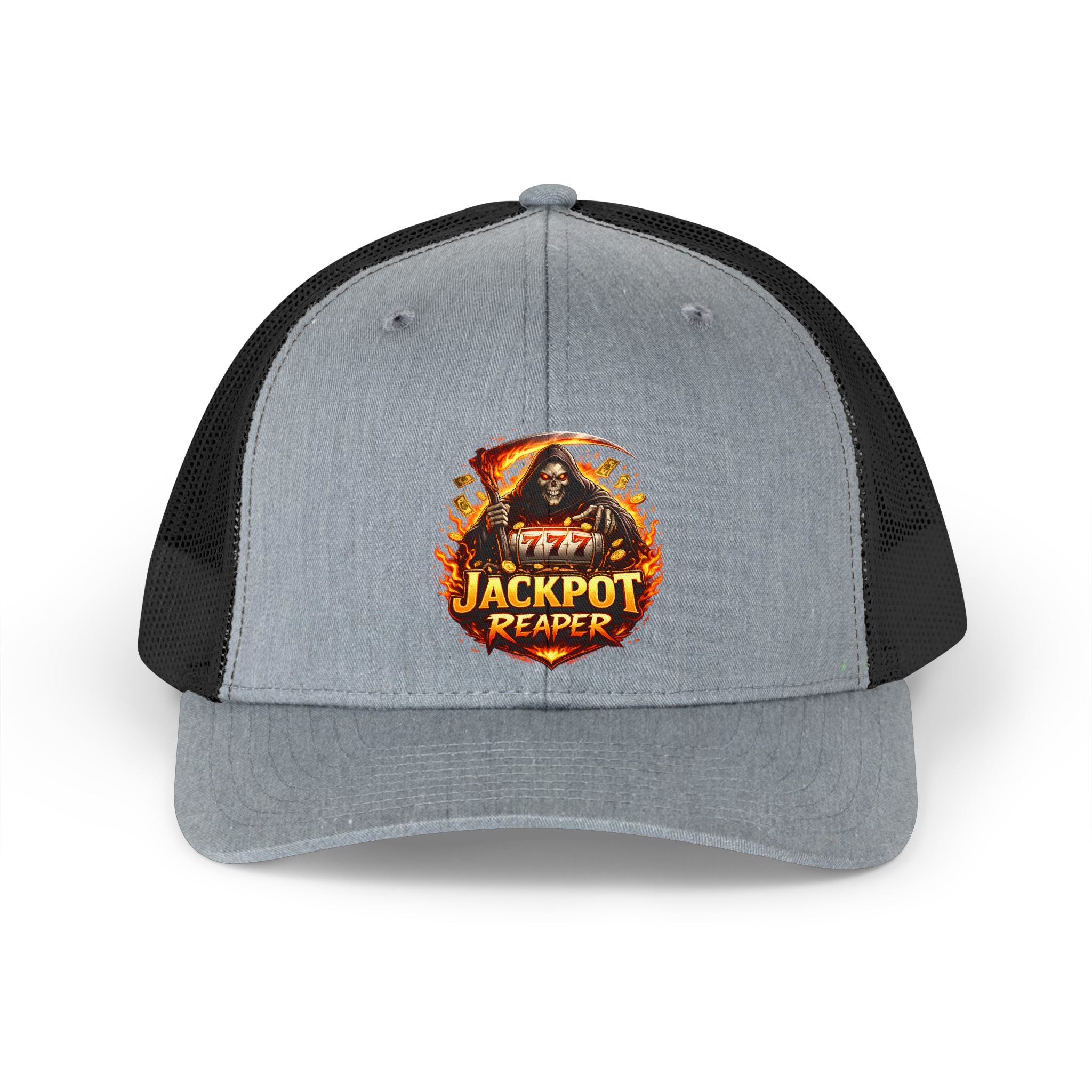 Jackpot Reaper Trucker Hat — Retro Casino Skull Mesh Cap