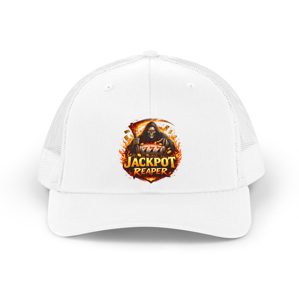 Jackpot Reaper Trucker Hat — Retro Casino Skull Mesh Cap
