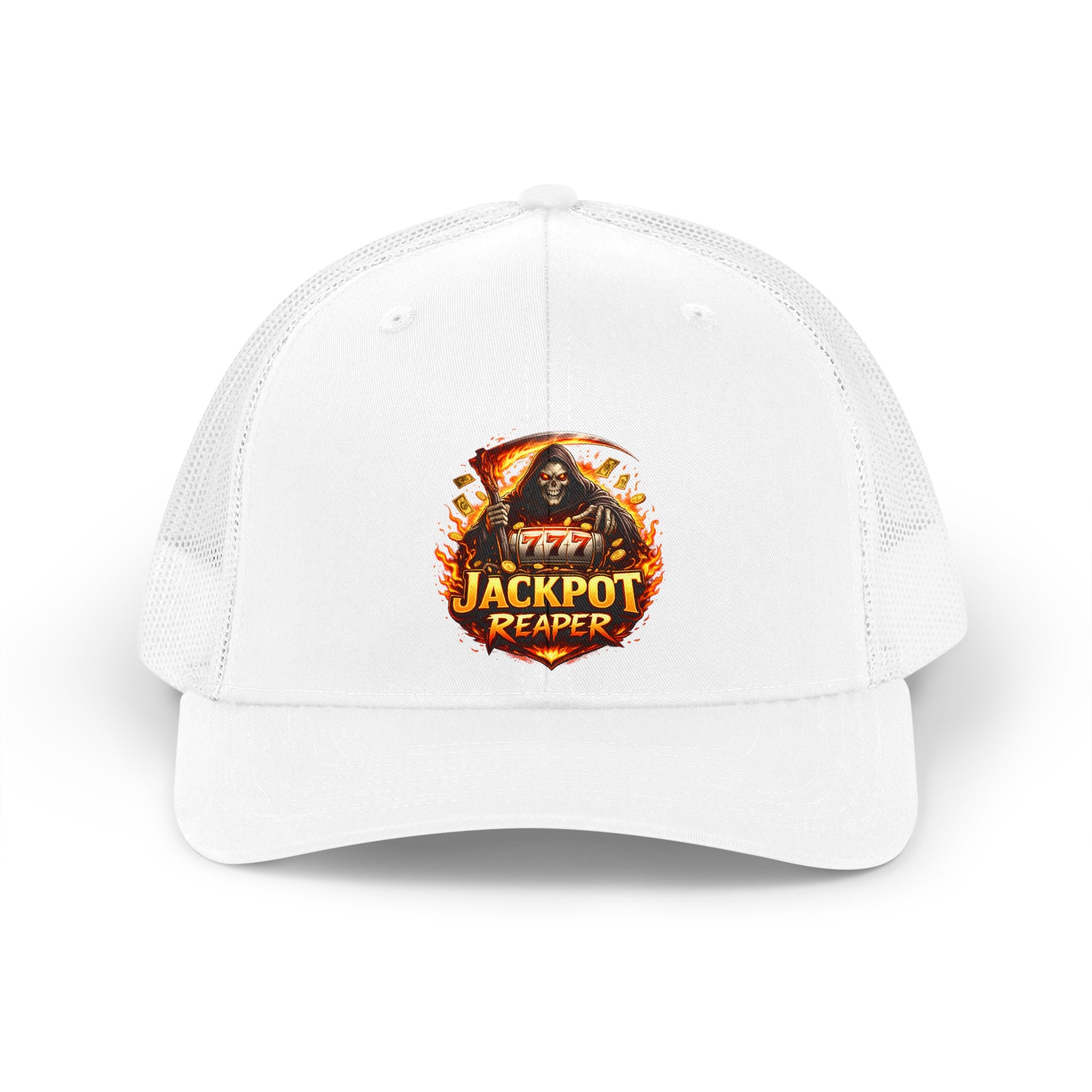 Jackpot Reaper Trucker Hat — Retro Casino Skull Mesh Cap