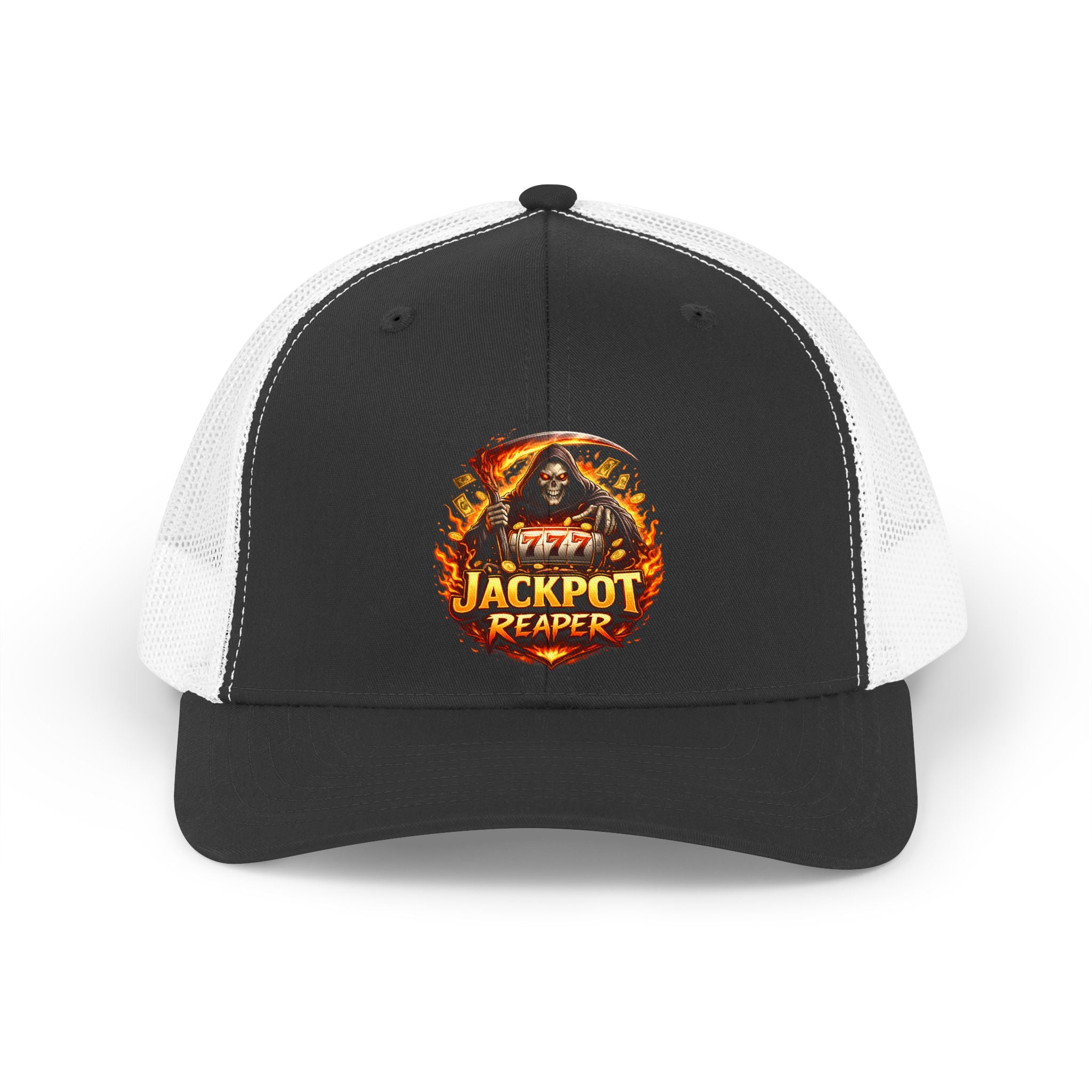 Jackpot Reaper Trucker Hat — Retro Casino Skull Mesh Cap