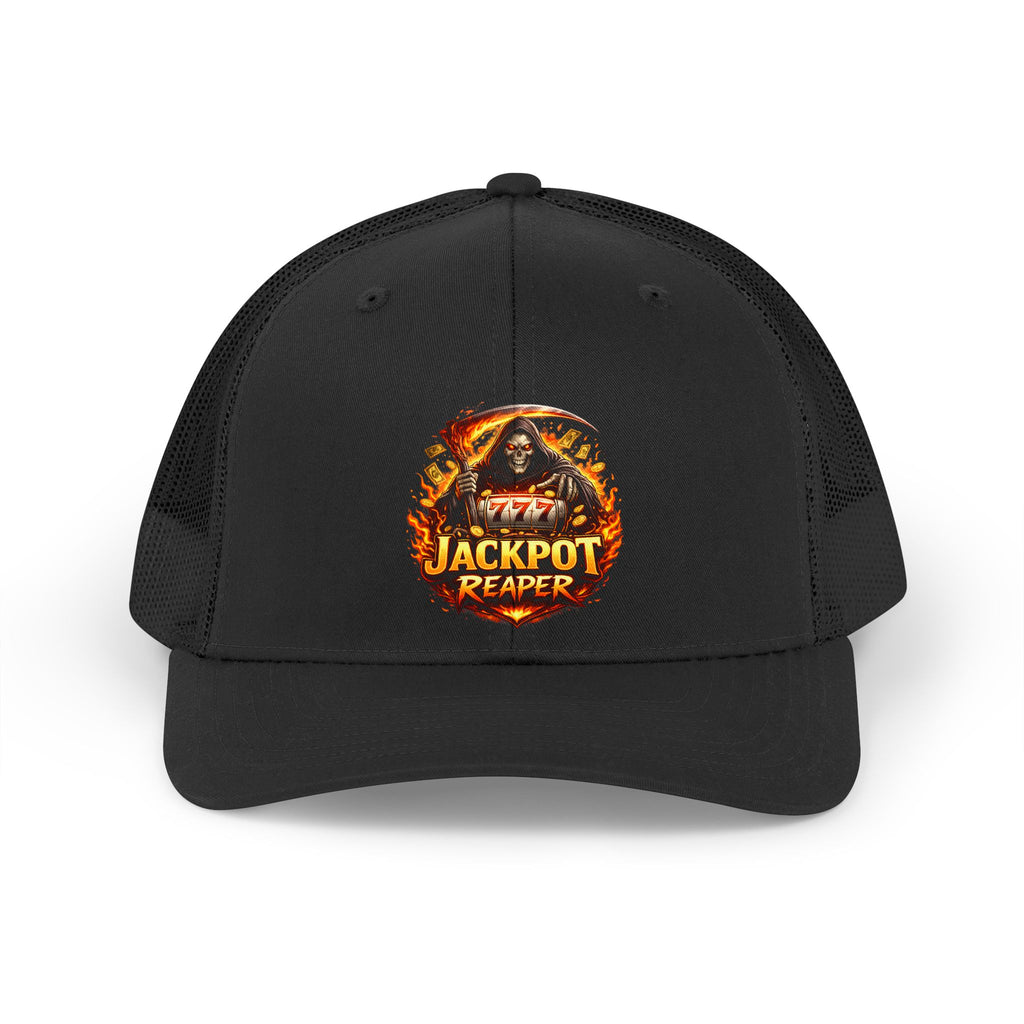 Jackpot Reaper Trucker Hat — Retro Casino Skull Mesh Cap